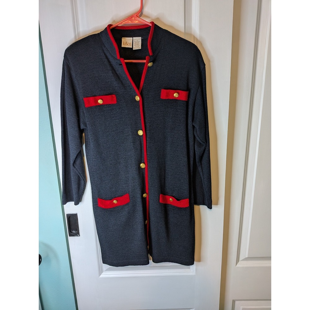 Liz & Co Vintage Longline Cardigan Grey Red Gold Crest Button Knit Sweater Small